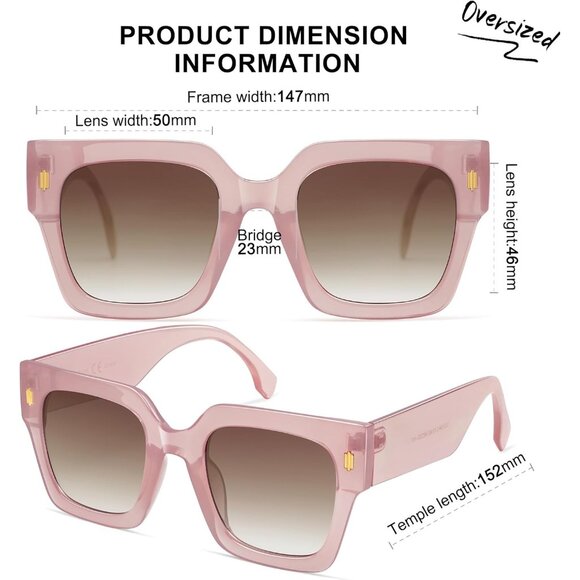 Women's Pink Luxury Large Vintage Oversized Square Eyes Protecting Sunglasses - Picture 4 of 6